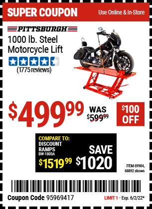 Harbor Freight 1000 LB. CAPACITY MOTORCYCLE LIFT coupon