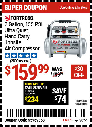 Harbor Freight FORTRESS 2 GALLON, 1.2 HP, 135 PSI ULTRA-QUIET, OIL-FREE PROFESSIONAL AIR COMPRESSOR coupon