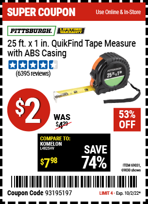 www.hfqpdb.com - PITTSBURGH 25FT. X 1IN. QUIKFIND TAPE MEASURE WITH ABS CASING Lot No. 69030