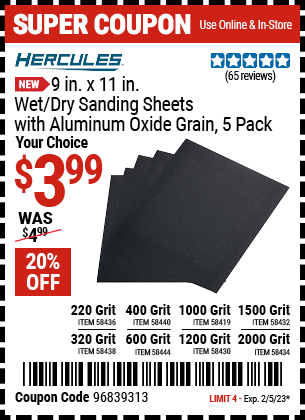 www.hfqpdb.com - HERCULES 9 IN. X 11 IN. WET/DRY SANDING SHEETS WITH ALUMINUM OXIDE GRAIN, 5 PACK Lot No. 58436, 58440, 58419, 58432, 58438, 58444, 58430, 58434