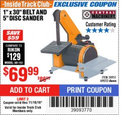 Harbor Freight ITC Coupon 1" BELT AND DISC COMBINATION SANDER Lot No. 34951/69033 Expired: 11/19/19 - $69.99