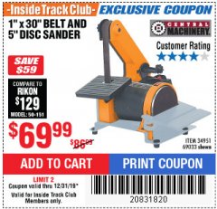 Harbor Freight ITC Coupon 1" BELT AND DISC COMBINATION SANDER Lot No. 34951/69033 Expired: 12/31/19 - $69.99