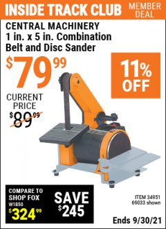 Harbor Freight ITC Coupon 1" BELT AND DISC COMBINATION SANDER Lot No. 34951/69033 Expired: 9/30/21 - $79.99