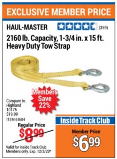 Harbor Freight ITC Coupon 1-3/4" x 15 FT. HEAVY DUTY TOW STRAP Lot No. 36608/61684 Expired: 12/3/20 - $6.99
