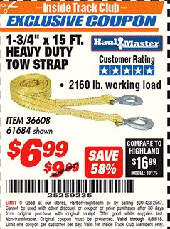Harbor Freight ITC Coupon 1-3/4" x 15 FT. HEAVY DUTY TOW STRAP Lot No. 36608/61684 Expired: 8/31/18 - $6.99