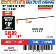 Harbor Freight ITC Coupon 36" QUICK RELEASE BAR CLAMP Lot No. 96208 Expired: 4/23/19 - $5.99