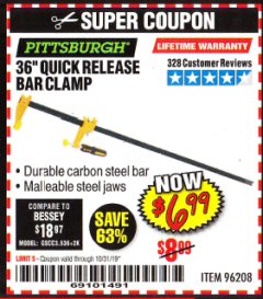 Harbor Freight Coupon 36" QUICK RELEASE BAR CLAMP Lot No. 96208 Expired: 10/31/19 - $6.99