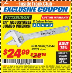 Harbor Freight ITC Coupon 24" ADJUSTABLE JUMBO WRENCH Lot No. 39621/60702 Expired: 2/28/19 - $24.99