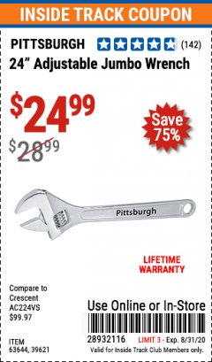 Harbor Freight ITC Coupon 24" ADJUSTABLE JUMBO WRENCH Lot No. 39621/60702 Expired: 8/31/20 - $24.99