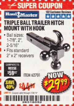 Harbor Freight Coupon TRIPLE BALL TRAILER HITCH MOUNT WITH HOOK Lot No. 62701 Expired: 2/28/19 - $29.99