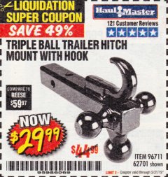 Harbor Freight Coupon TRIPLE BALL TRAILER HITCH MOUNT WITH HOOK Lot No. 62701 Expired: 5/31/19 - $29.99