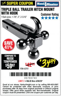 Harbor Freight Coupon TRIPLE BALL TRAILER HITCH MOUNT WITH HOOK Lot No. 62701 Expired: 6/30/20 - $34.99