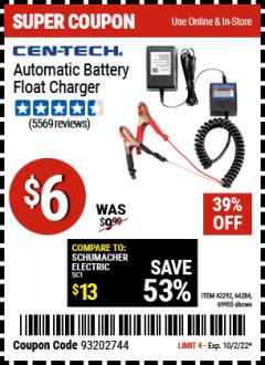 Harbor Freight Coupon AUTOMATIC BATTERY FLOAT CHARGER Lot No. 64284/42292/69594/69955 EXPIRES: 10/2/22 - $6