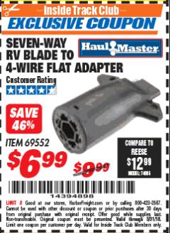 Harbor Freight ITC Coupon SEVEN-WAY RV BLADE TO 4-WIRE FLAT ADAPTER Lot No. 69552 Expired: 5/31/18 - $6.99