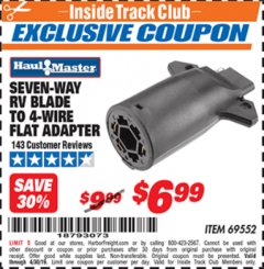 Harbor Freight ITC Coupon SEVEN-WAY RV BLADE TO 4-WIRE FLAT ADAPTER Lot No. 69552 Expired: 4/30/19 - $6.99