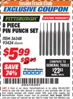 Harbor Freight ITC Coupon 8 PIECE PIN PUNCH SET Lot No. 32959/56348/93424 Expired: 3/31/19 - $5.99