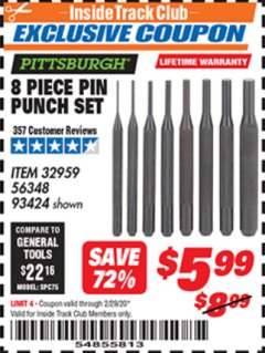 Harbor Freight ITC Coupon 8 PIECE PIN PUNCH SET Lot No. 32959/56348/93424 Expired: 2/29/20 - $5.99