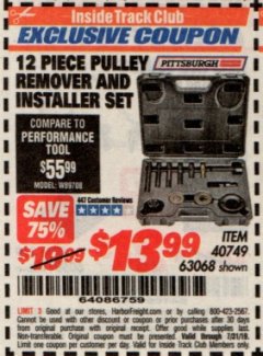 Harbor Freight ITC Coupon 12 PIECE PULLEY REMOVER AND INSTALLER SET Lot No. 40749/63068 Expired: 7/31/19 - $13.99