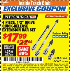 Harbor Freight ITC Coupon 4 PIECE 1/2" DRIVE QUICK-RELEASE EXTENSION BAR SET Lot No. 61968/67977 Expired: 7/31/18 - $17.99