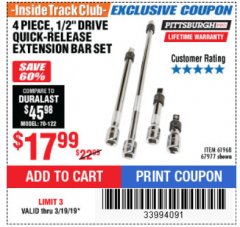 Harbor Freight ITC Coupon 4 PIECE 1/2" DRIVE QUICK-RELEASE EXTENSION BAR SET Lot No. 61968/67977 Expired: 3/19/19 - $17.99