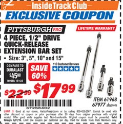Harbor Freight ITC Coupon 4 PIECE 1/2" DRIVE QUICK-RELEASE EXTENSION BAR SET Lot No. 61968/67977 Expired: 8/31/19 - $17.99