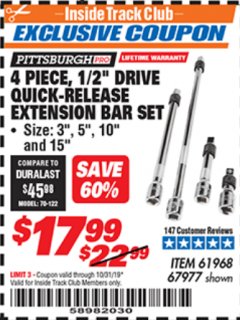 Harbor Freight ITC Coupon 4 PIECE 1/2" DRIVE QUICK-RELEASE EXTENSION BAR SET Lot No. 61968/67977 Expired: 10/31/19 - $17.99
