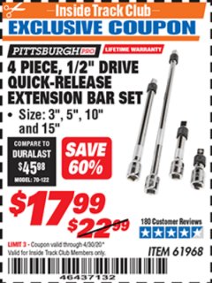 Harbor Freight ITC Coupon 4 PIECE 1/2" DRIVE QUICK-RELEASE EXTENSION BAR SET Lot No. 61968/67977 Expired: 4/30/20 - $17.99