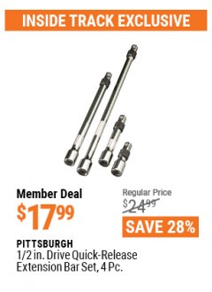 Harbor Freight ITC Coupon 4 PIECE 1/2" DRIVE QUICK-RELEASE EXTENSION BAR SET Lot No. 61968/67977 Expired: 4/29/21 - $17.99