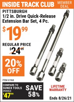 Harbor Freight ITC Coupon 4 PIECE 1/2" DRIVE QUICK-RELEASE EXTENSION BAR SET Lot No. 61968/67977 Expired: 8/26/21 - $19.99