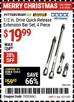 Harbor Freight Coupon 4 PIECE 1/2" DRIVE QUICK-RELEASE EXTENSION BAR SET Lot No. 61968/67977 Expired: 12/11/21 - $19.99