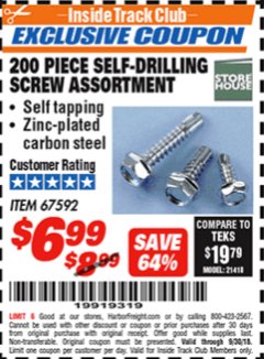 Harbor Freight ITC Coupon 200 PIECE SELF-DRILLING SCREW ASSORTMENT Lot No. 67592 Expired: 9/30/18 - $6.99