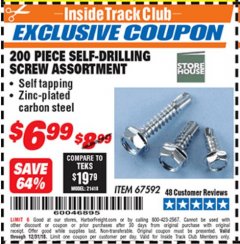 Harbor Freight ITC Coupon 200 PIECE SELF-DRILLING SCREW ASSORTMENT Lot No. 67592 Expired: 12/31/18 - $6.99