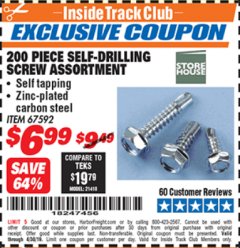 Harbor Freight ITC Coupon 200 PIECE SELF-DRILLING SCREW ASSORTMENT Lot No. 67592 Expired: 4/30/19 - $6.99