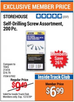 Harbor Freight ITC Coupon 200 PIECE SELF-DRILLING SCREW ASSORTMENT Lot No. 67592 Expired: 12/3/20 - $6.99