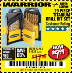 Harbor Freight Coupon 29 PIECE TITANIUM NITRIDE COATED HIGH SPEED STEEL DRILL BIT SET Lot No. 5889/61637/62281 Expired: 10/7/18 - $9.99