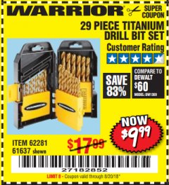 Harbor Freight Coupon 29 PIECE TITANIUM NITRIDE COATED HIGH SPEED STEEL DRILL BIT SET Lot No. 5889/61637/62281 Expired: 8/20/18 - $9.99