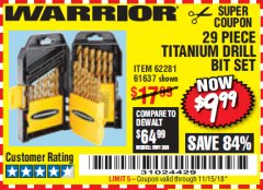 Harbor Freight Coupon 29 PIECE TITANIUM NITRIDE COATED HIGH SPEED STEEL DRILL BIT SET Lot No. 5889/61637/62281 Expired: 11/15/18 - $9.99