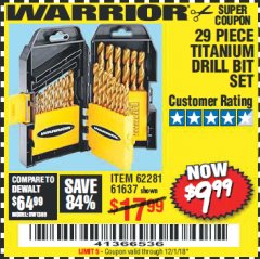 Harbor Freight Coupon 29 PIECE TITANIUM NITRIDE COATED HIGH SPEED STEEL DRILL BIT SET Lot No. 5889/61637/62281 Expired: 12/1/18 - $9.99