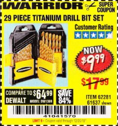 Harbor Freight Coupon 29 PIECE TITANIUM NITRIDE COATED HIGH SPEED STEEL DRILL BIT SET Lot No. 5889/61637/62281 Expired: 12/20/18 - $9.99