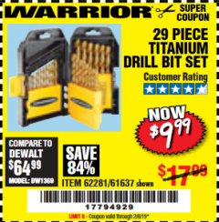 Harbor Freight Coupon 29 PIECE TITANIUM NITRIDE COATED HIGH SPEED STEEL DRILL BIT SET Lot No. 5889/61637/62281 Expired: 2/9/19 - $9.99
