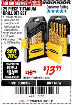 Harbor Freight Coupon 29 PIECE TITANIUM NITRIDE COATED HIGH SPEED STEEL DRILL BIT SET Lot No. 5889/61637/62281 Expired: 12/31/18 - $13.99