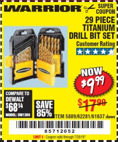 Harbor Freight Coupon 29 PIECE TITANIUM NITRIDE COATED HIGH SPEED STEEL DRILL BIT SET Lot No. 5889/61637/62281 Expired: 7/28/19 - $9.99