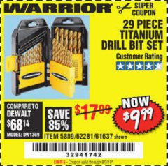Harbor Freight Coupon 29 PIECE TITANIUM NITRIDE COATED HIGH SPEED STEEL DRILL BIT SET Lot No. 5889/61637/62281 Expired: 9/3/19 - $9.99