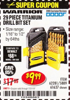 Harbor Freight Coupon 29 PIECE TITANIUM NITRIDE COATED HIGH SPEED STEEL DRILL BIT SET Lot No. 5889/61637/62281 Expired: 7/31/19 - $9.99