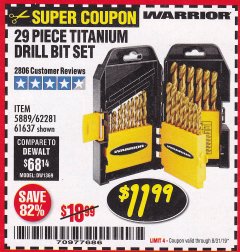 Harbor Freight Coupon 29 PIECE TITANIUM NITRIDE COATED HIGH SPEED STEEL DRILL BIT SET Lot No. 5889/61637/62281 Expired: 8/31/19 - $11.99