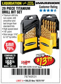 Harbor Freight Coupon 29 PIECE TITANIUM NITRIDE COATED HIGH SPEED STEEL DRILL BIT SET Lot No. 5889/61637/62281 Expired: 10/31/19 - $13.99