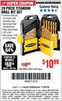 Harbor Freight Coupon 29 PIECE TITANIUM NITRIDE COATED HIGH SPEED STEEL DRILL BIT SET Lot No. 5889/61637/62281 Expired: 11/23/19 - $10.99