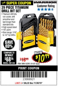 Harbor Freight Coupon 29 PIECE TITANIUM NITRIDE COATED HIGH SPEED STEEL DRILL BIT SET Lot No. 5889/61637/62281 Expired: 11/30/19 - $10.99