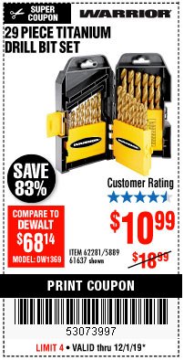 Harbor Freight Coupon 29 PIECE TITANIUM NITRIDE COATED HIGH SPEED STEEL DRILL BIT SET Lot No. 5889/61637/62281 Expired: 12/1/19 - $10.99