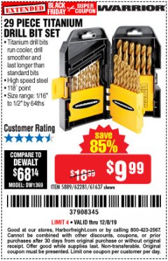 Harbor Freight Coupon 29 PIECE TITANIUM NITRIDE COATED HIGH SPEED STEEL DRILL BIT SET Lot No. 5889/61637/62281 Expired: 12/8/19 - $9.99